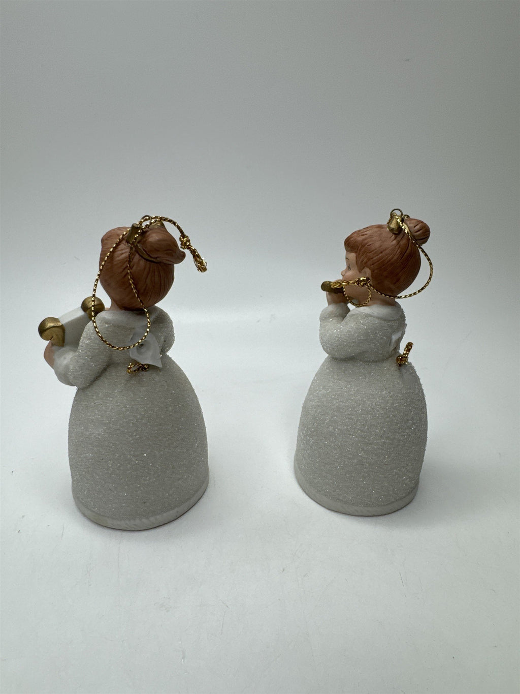 Vintage Homco Set 2 Angel Bells Figural Lyre Flute Porcelain Frosted Christmas