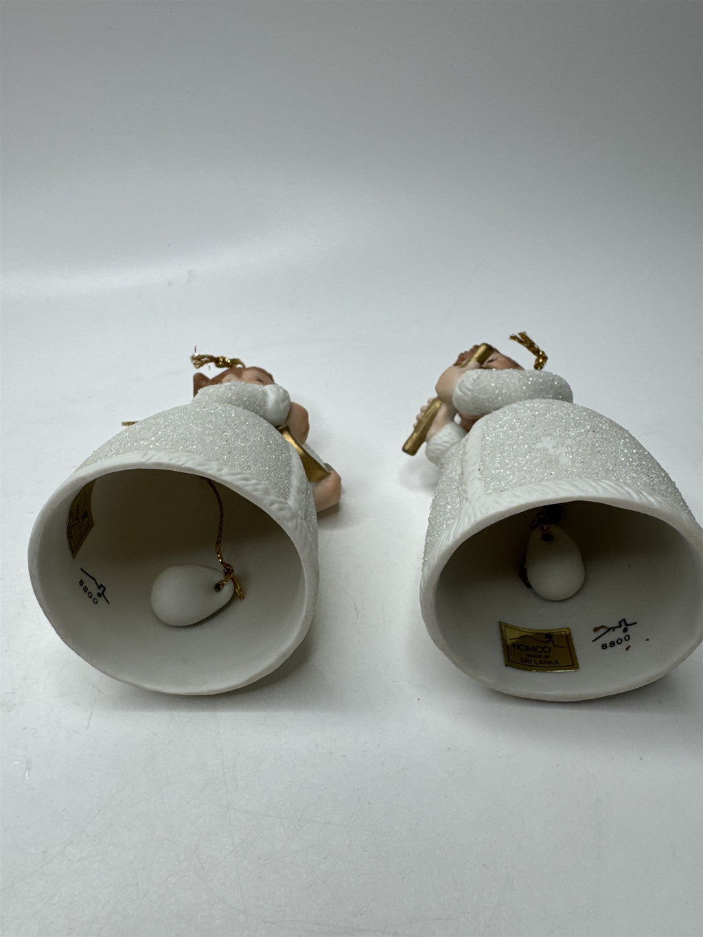Vintage Homco Set 2 Angel Bells Figural Lyre Flute Porcelain Frosted Christmas