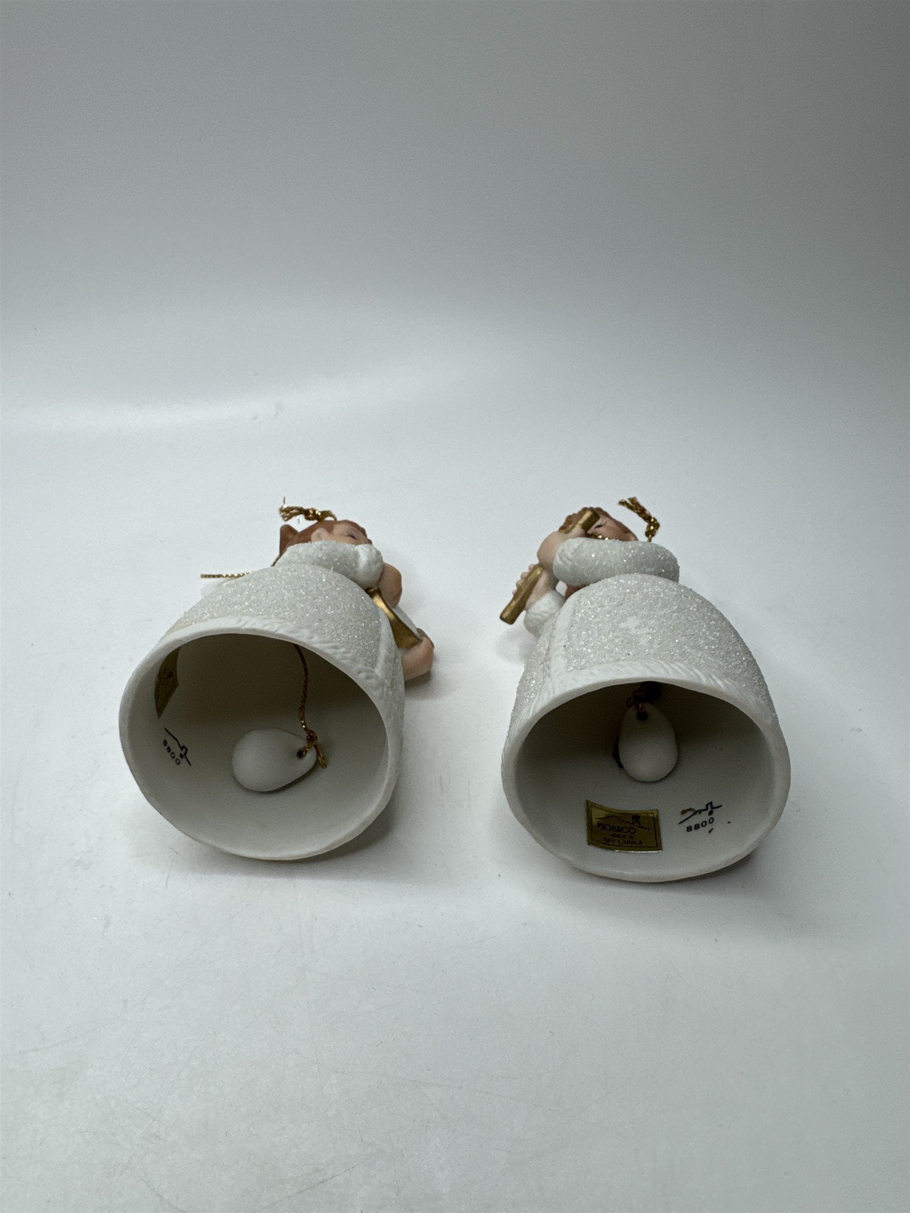 Vintage Homco Set 2 Angel Bells Figural Lyre Flute Porcelain Frosted Christmas