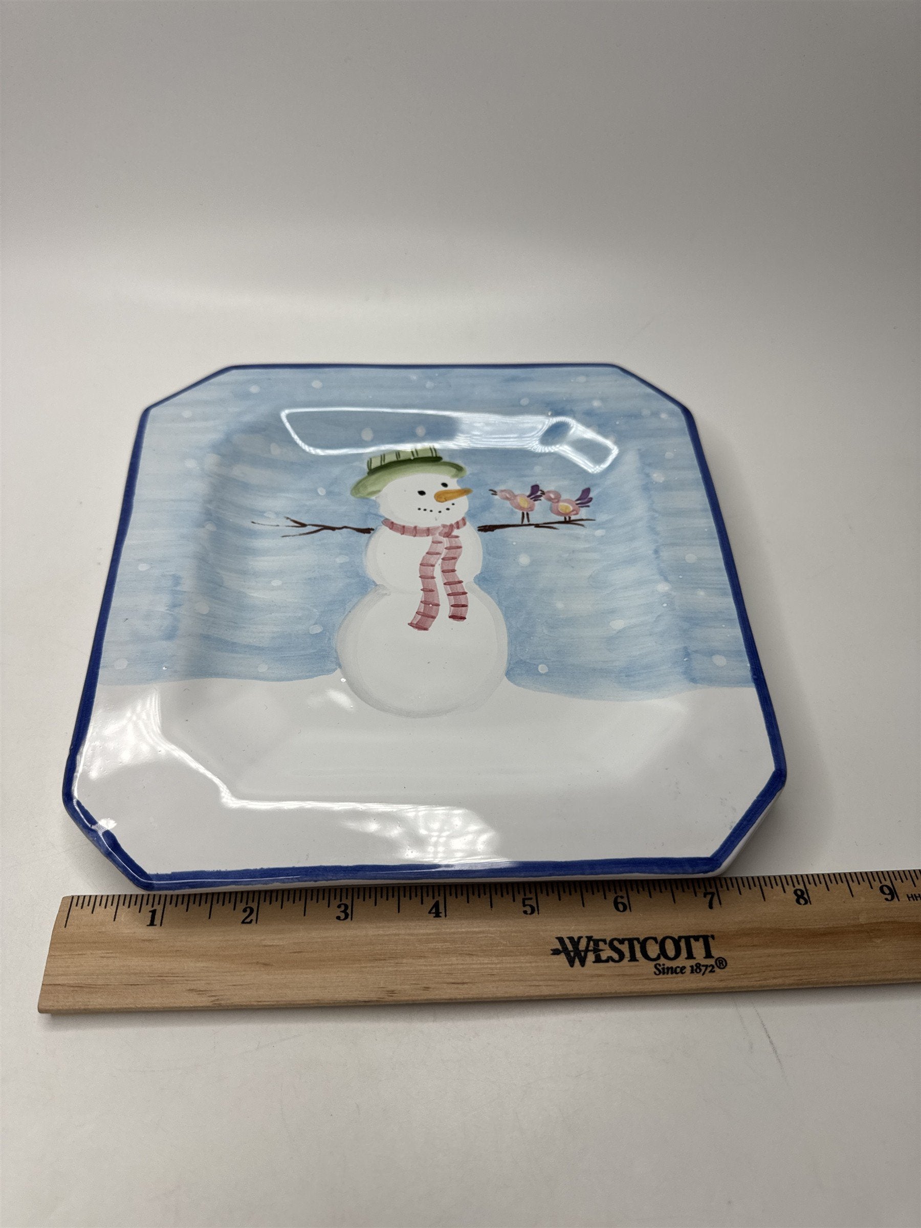 Hand Painted Italy Ceramic Snowman Plate Dish Server Winter Holiday