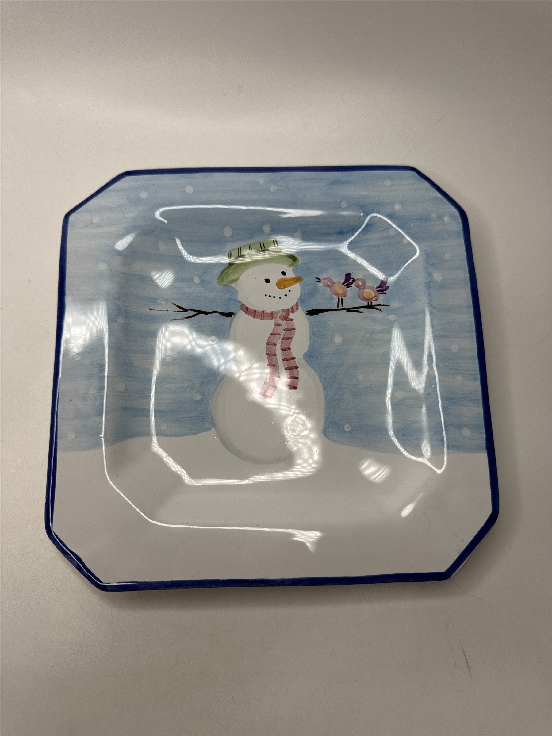 Hand Painted Italy Ceramic Snowman Plate Dish Server Winter Holiday