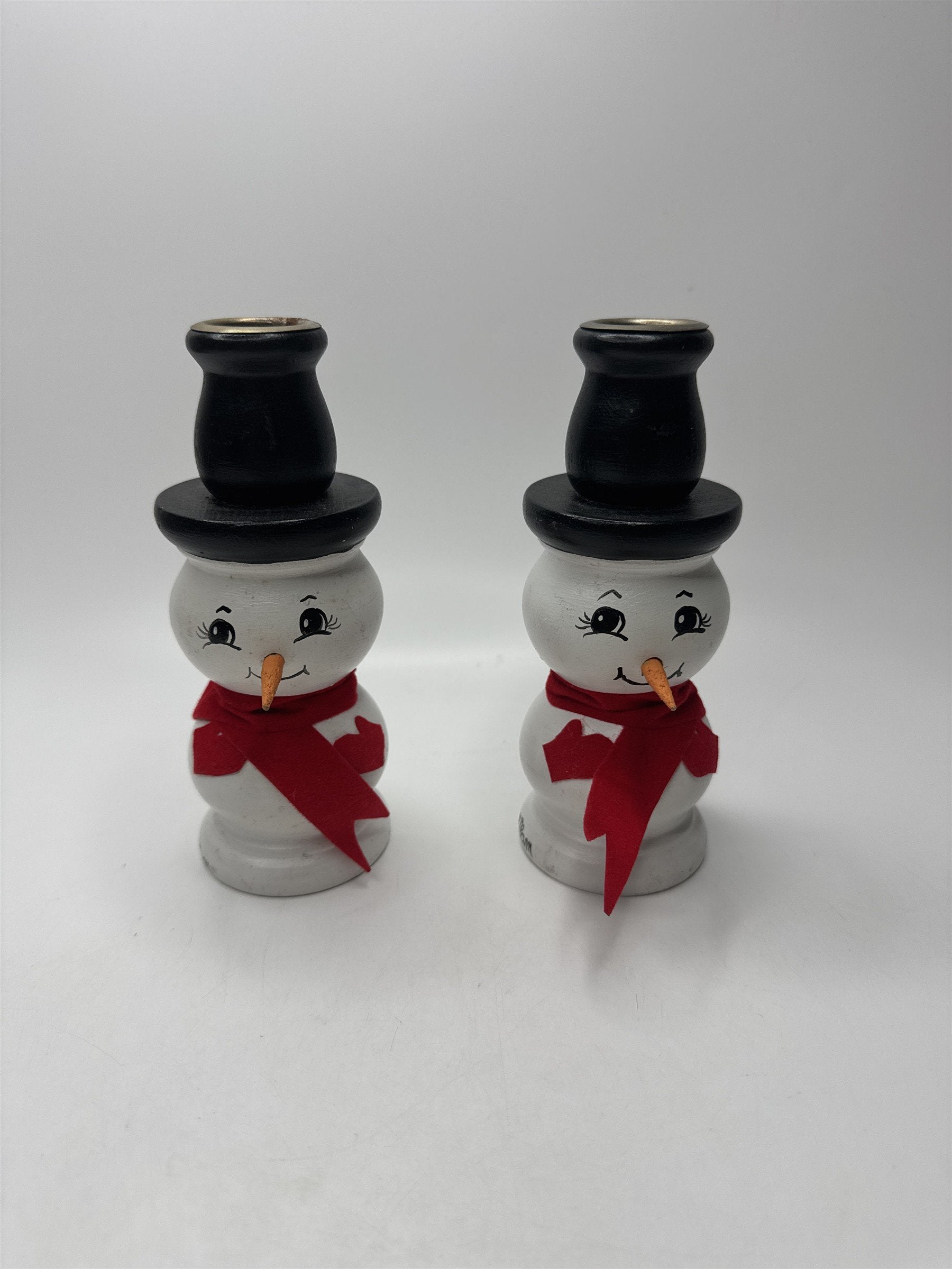 Vintage Set 2 Handmade Wooden Snowman Candlestick Taper Holders Christmas