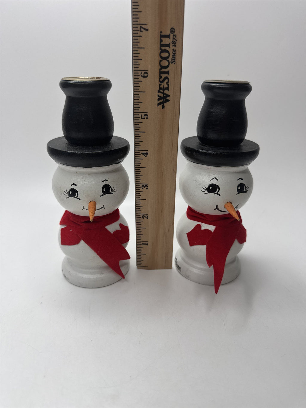 Vintage Set 2 Handmade Wooden Snowman Candlestick Taper Holders Christmas