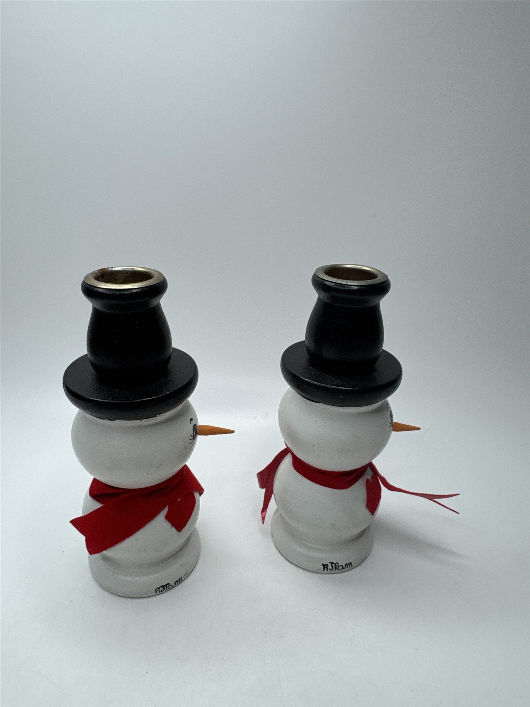 Vintage Set 2 Handmade Wooden Snowman Candlestick Taper Holders Christmas