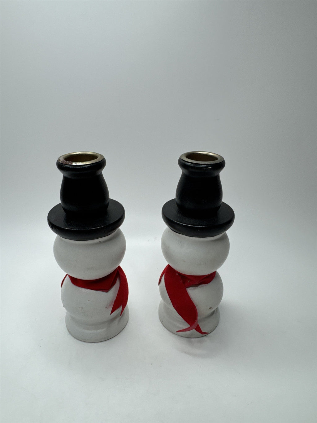 Vintage Set 2 Handmade Wooden Snowman Candlestick Taper Holders Christmas