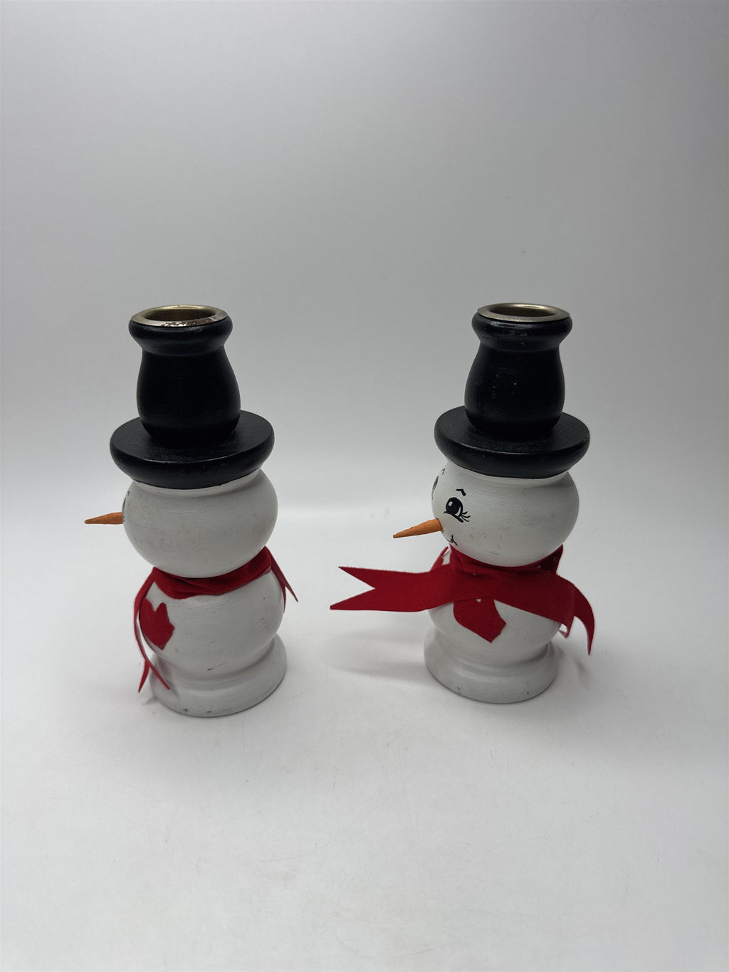 Vintage Set 2 Handmade Wooden Snowman Candlestick Taper Holders Christmas