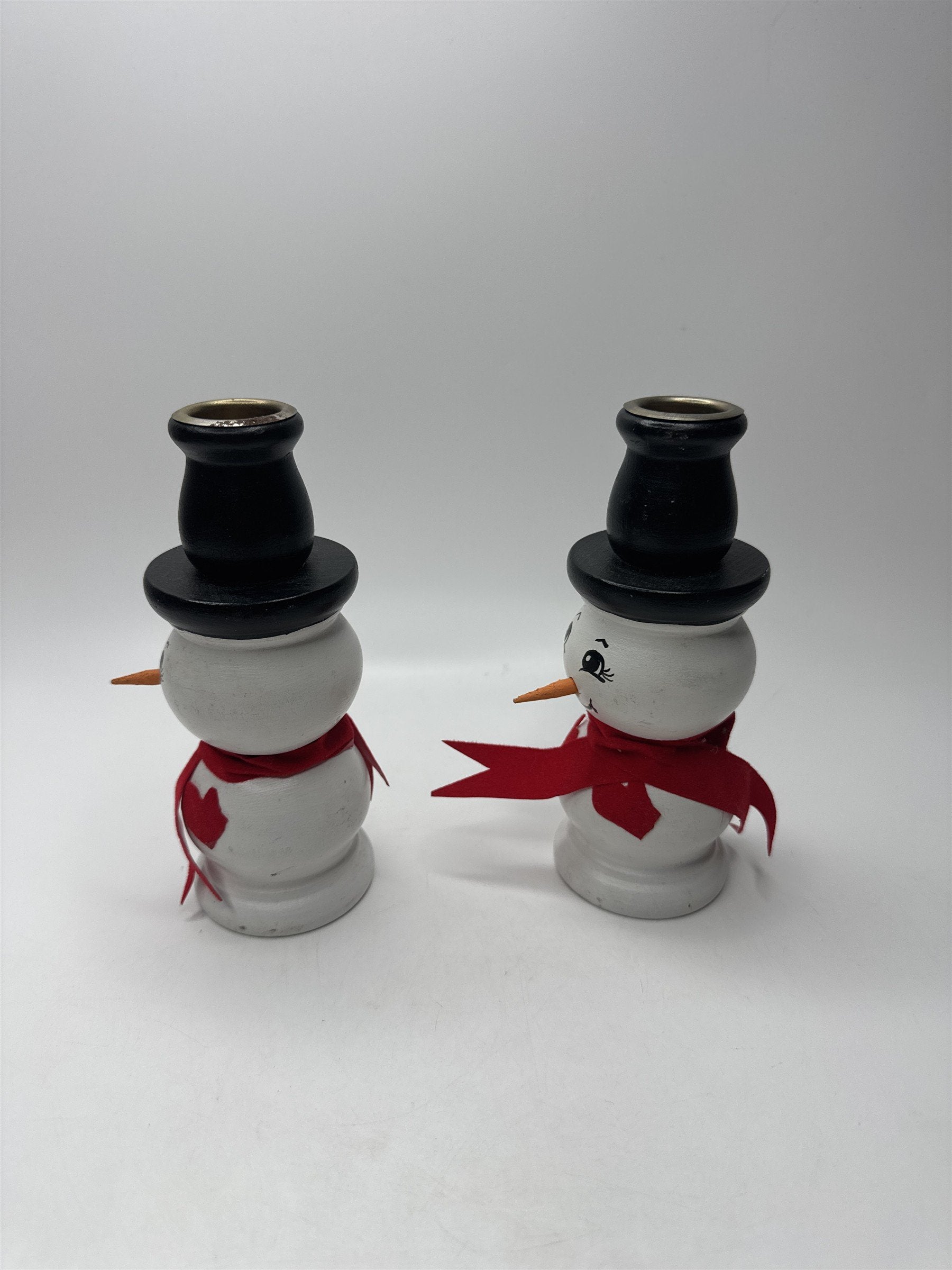 Vintage Set 2 Handmade Wooden Snowman Candlestick Taper Holders Christmas