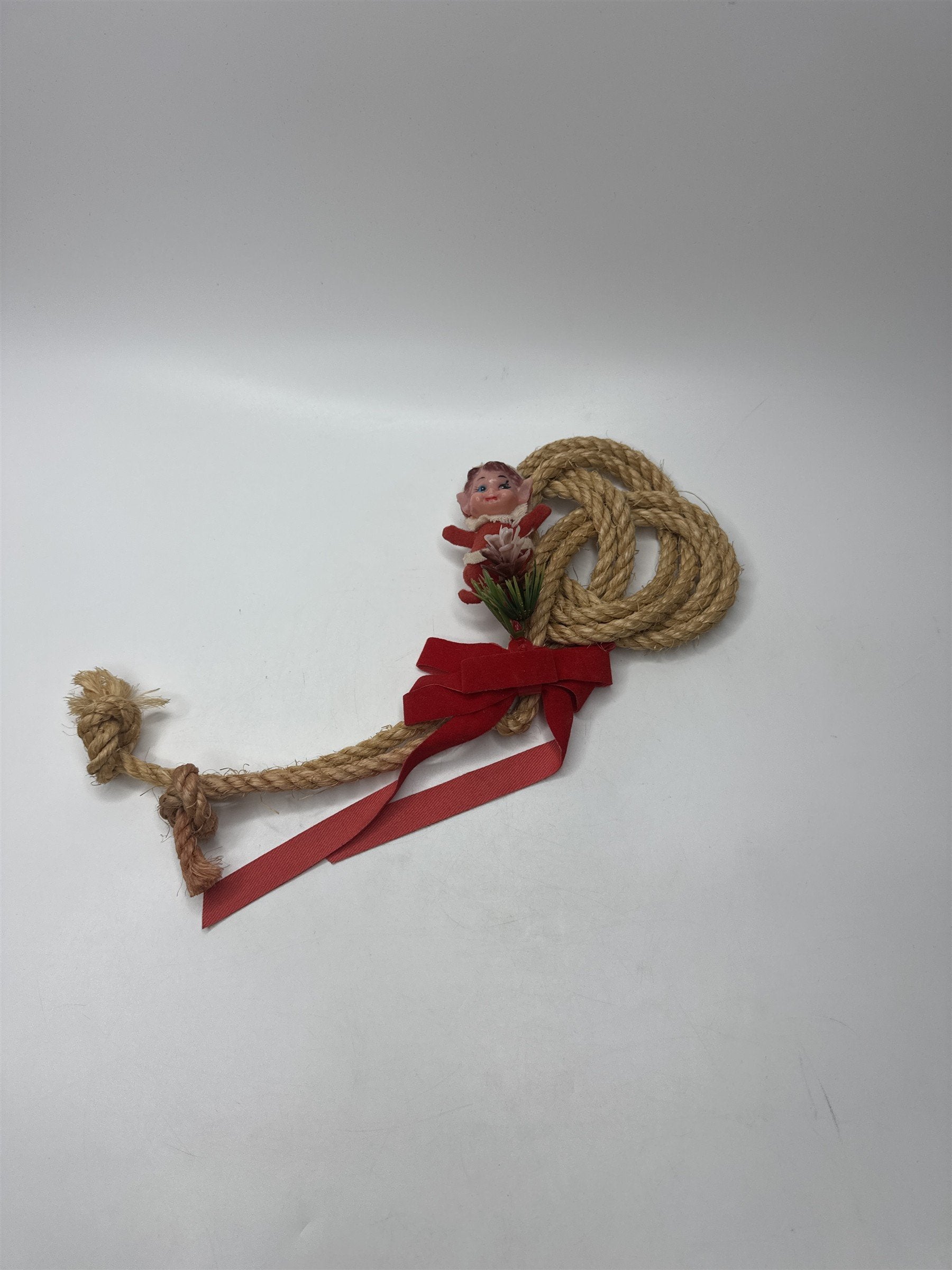 Vintage Pixie Elf Rope Wall Hanging Decoration Christmas Holiday Red Ribbon