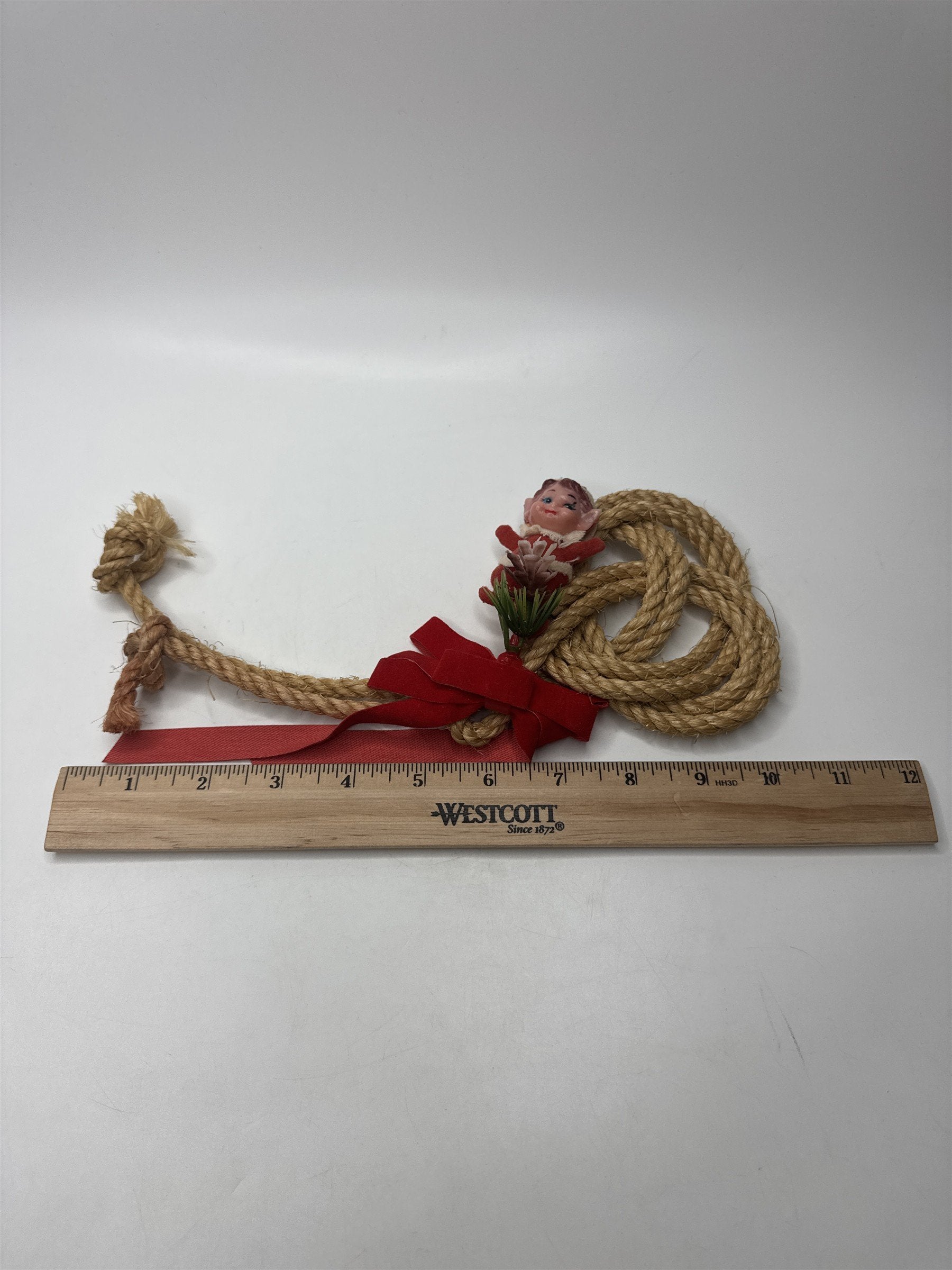 Vintage Pixie Elf Rope Wall Hanging Decoration Christmas Holiday Red Ribbon