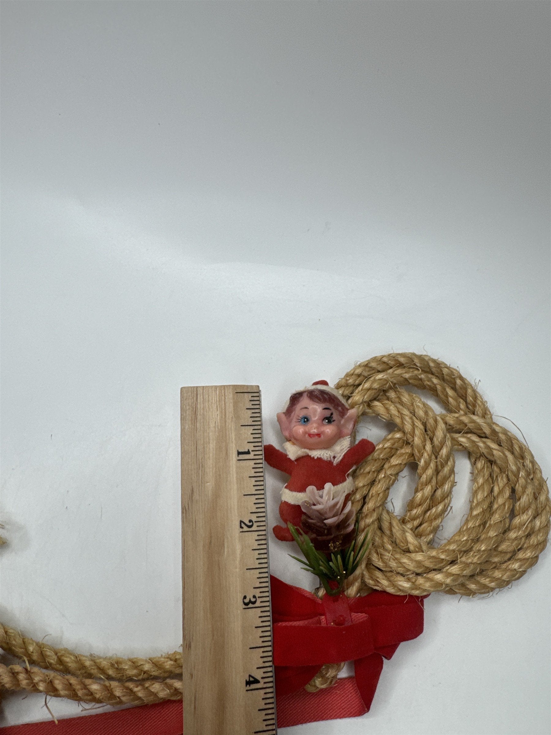 Vintage Pixie Elf Rope Wall Hanging Decoration Christmas Holiday Red Ribbon