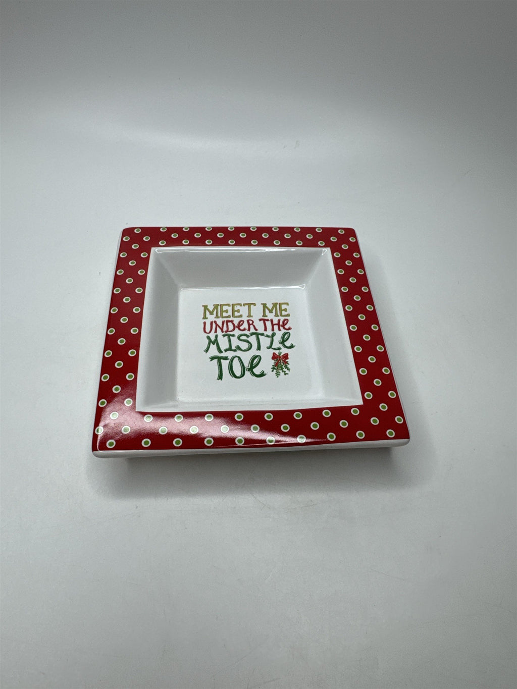 Vintage 5" Ceramic Mistletoe Dish Candy Trinket Polka Dot Christmas Holiday