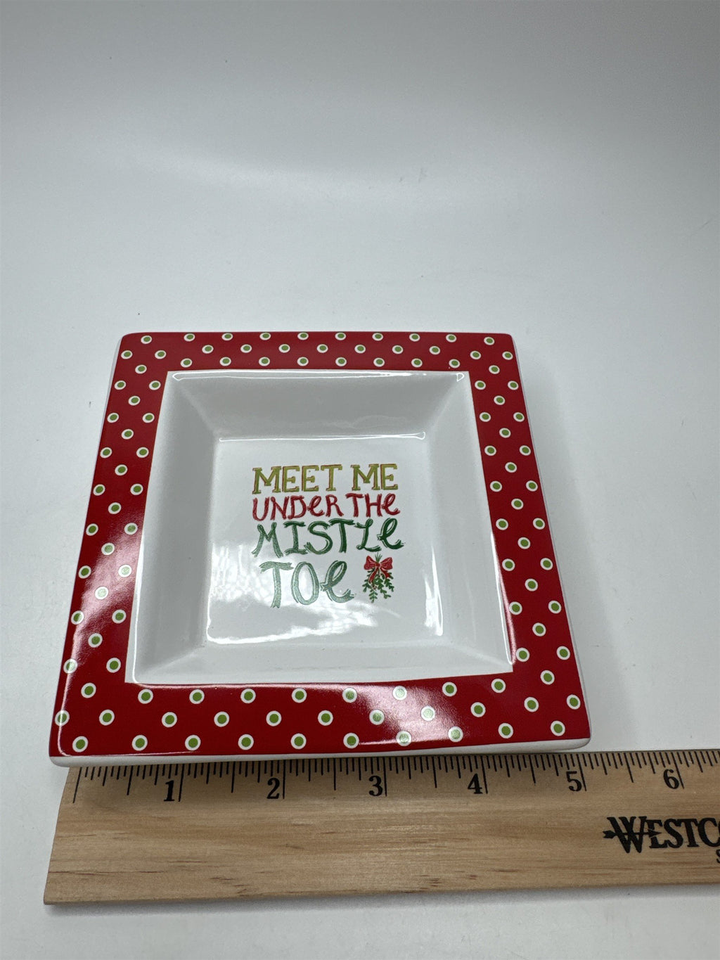 Vintage 5" Ceramic Mistletoe Dish Candy Trinket Polka Dot Christmas Holiday