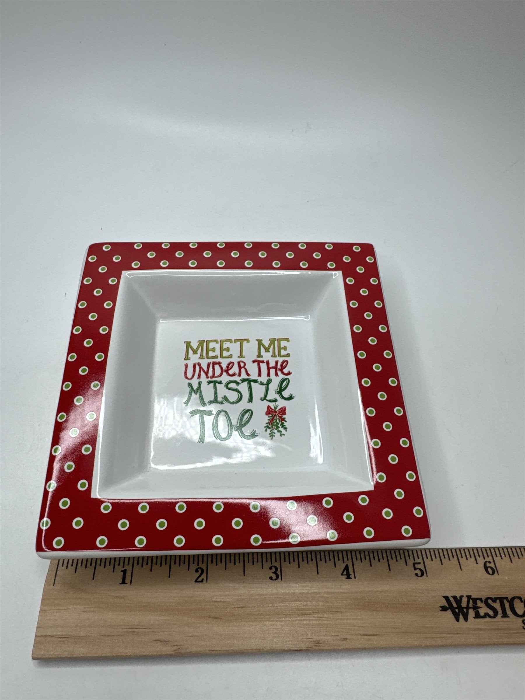 Vintage 5" Ceramic Mistletoe Dish Candy Trinket Polka Dot Christmas Holiday