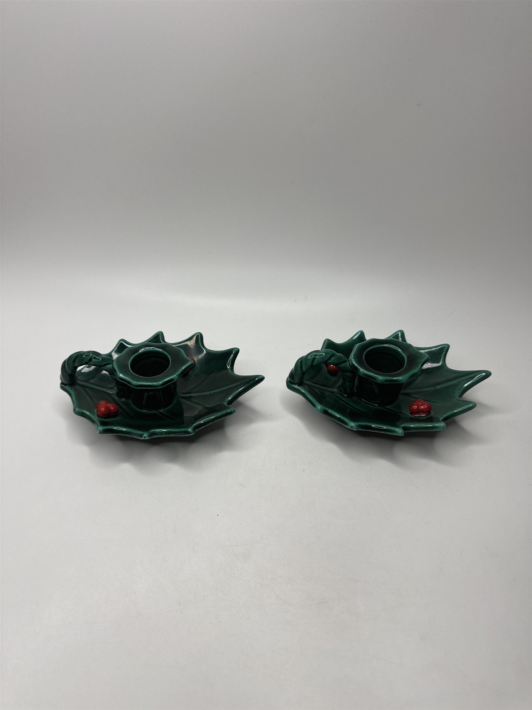 Vintage Lefton Japan Holly Berry Candlestick Holders Ceramic Christmas Set 2