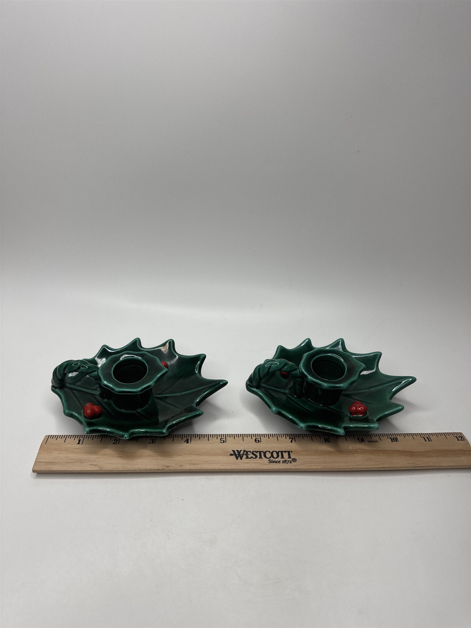 Vintage Lefton Japan Holly Berry Candlestick Holders Ceramic Christmas Set 2