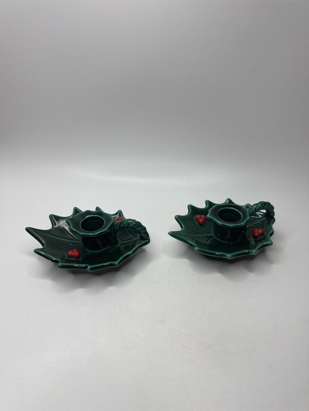 Vintage Lefton Japan Holly Berry Candlestick Holders Ceramic Christmas Set 2
