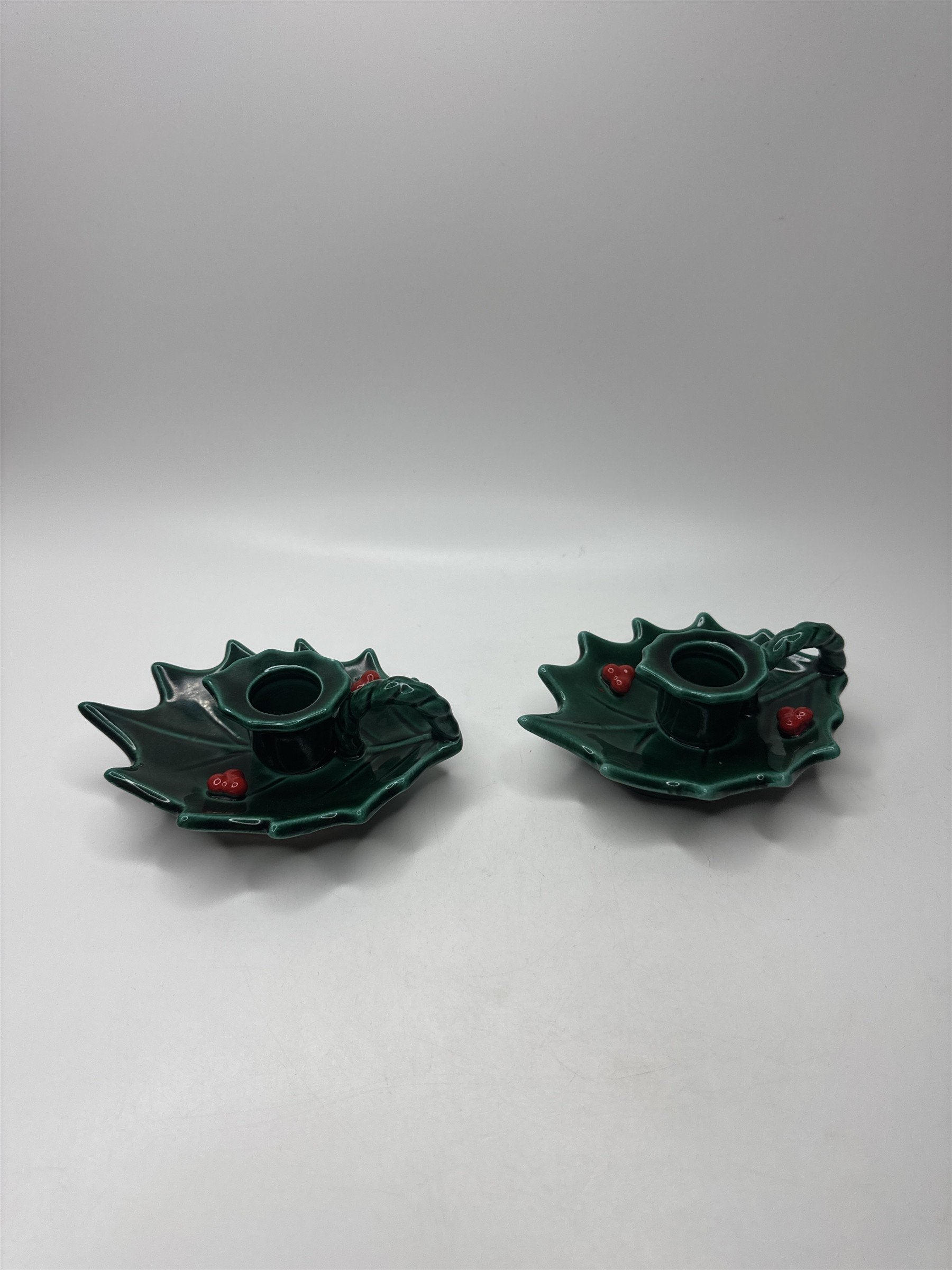 Vintage Lefton Japan Holly Berry Candlestick Holders Ceramic Christmas Set 2