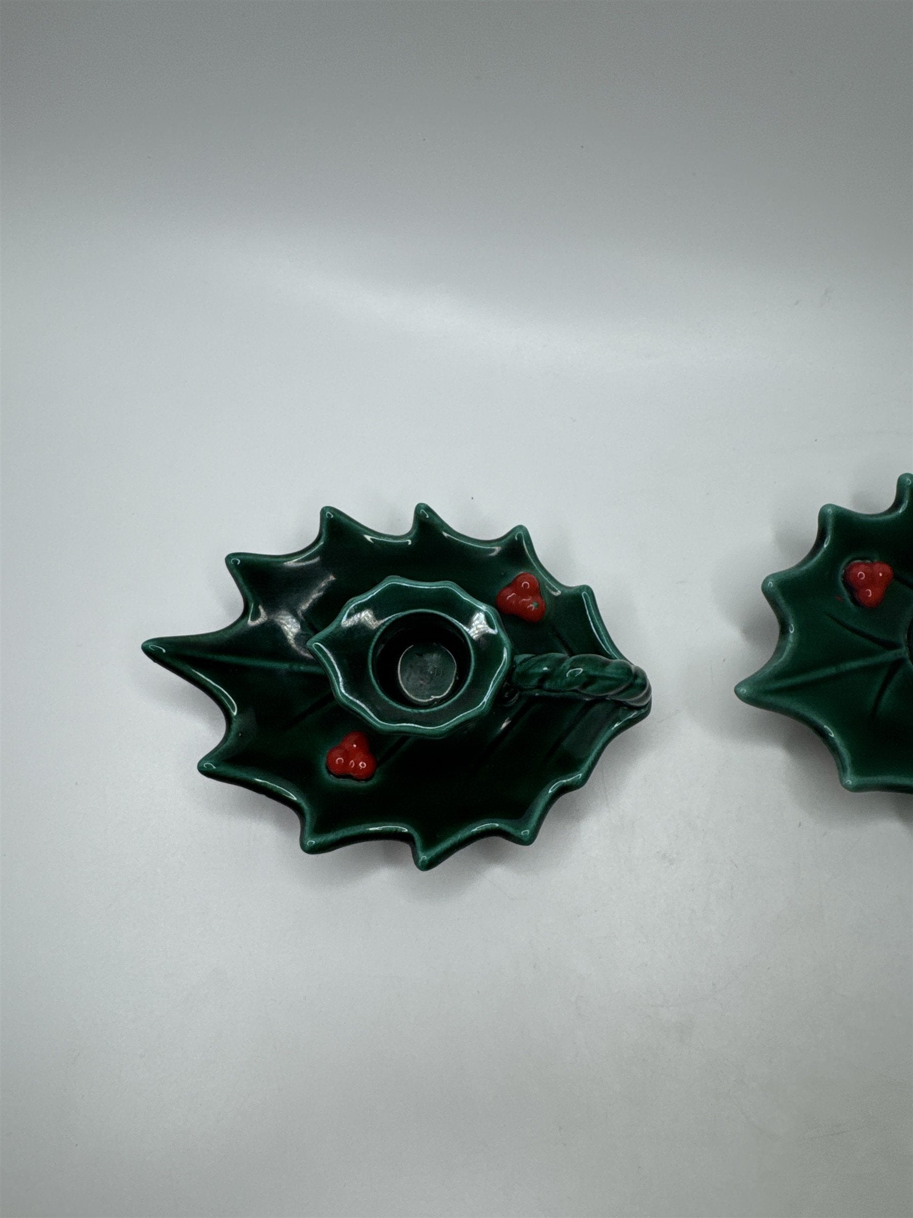 Vintage Lefton Japan Holly Berry Candlestick Holders Ceramic Christmas Set 2