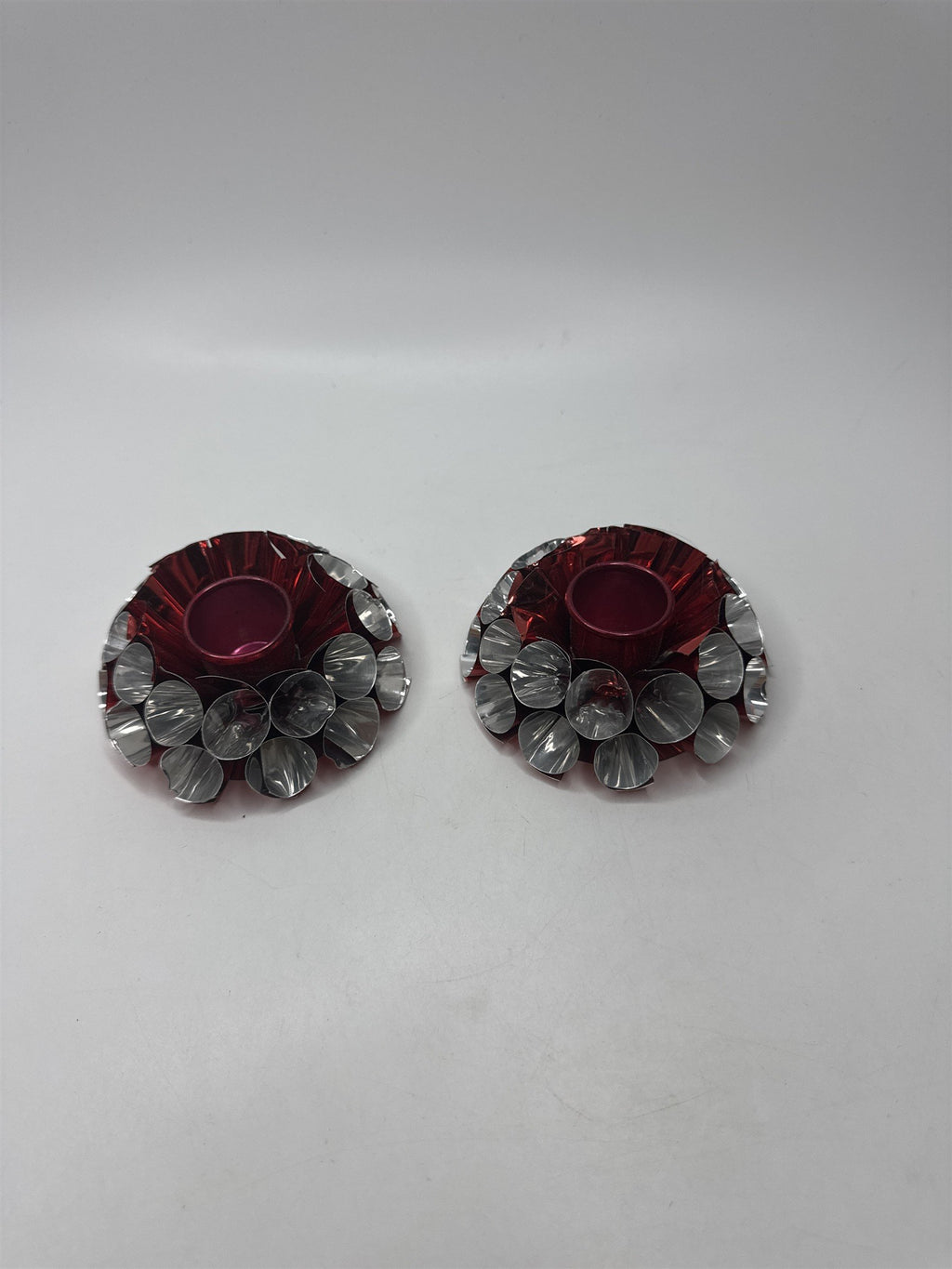 Vintage Set 2 Red Silver Metal Foil Candle Holders Ruffled MCM Retro