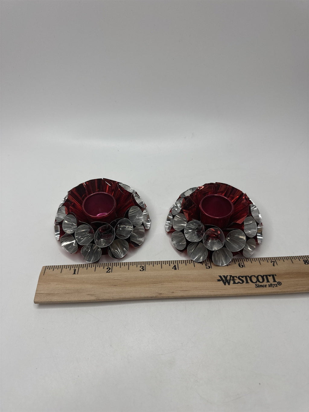 Vintage Set 2 Red Silver Metal Foil Candle Holders Ruffled MCM Retro