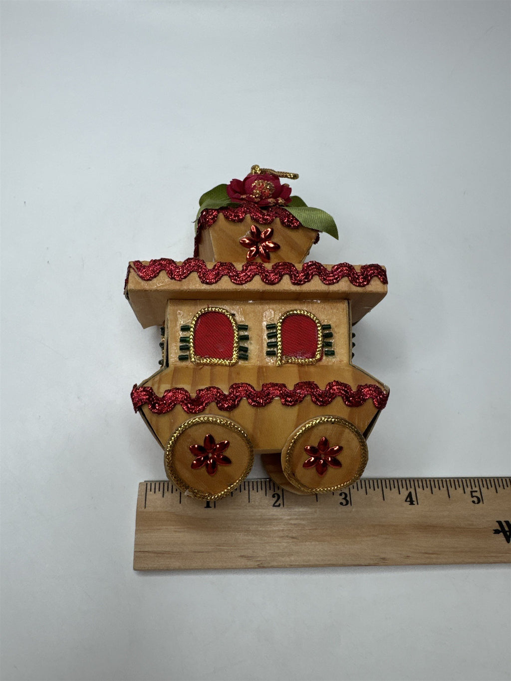 Vintage Paper Trolley Train Ornament Glitter Christmas Folk Art