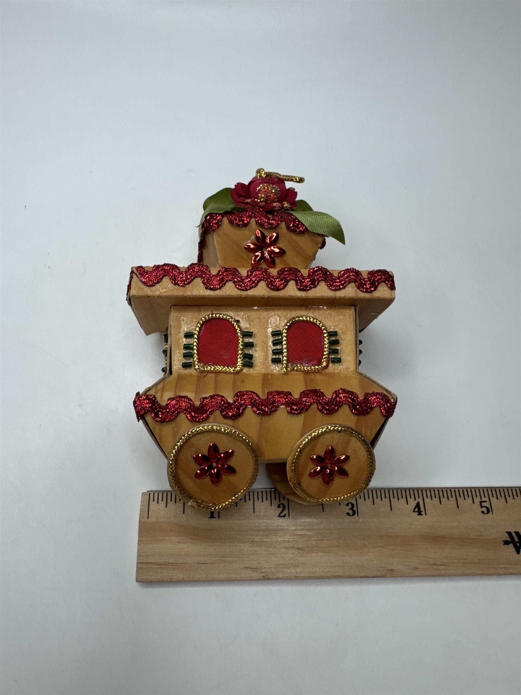 Vintage Paper Trolley Train Ornament Glitter Christmas Folk Art