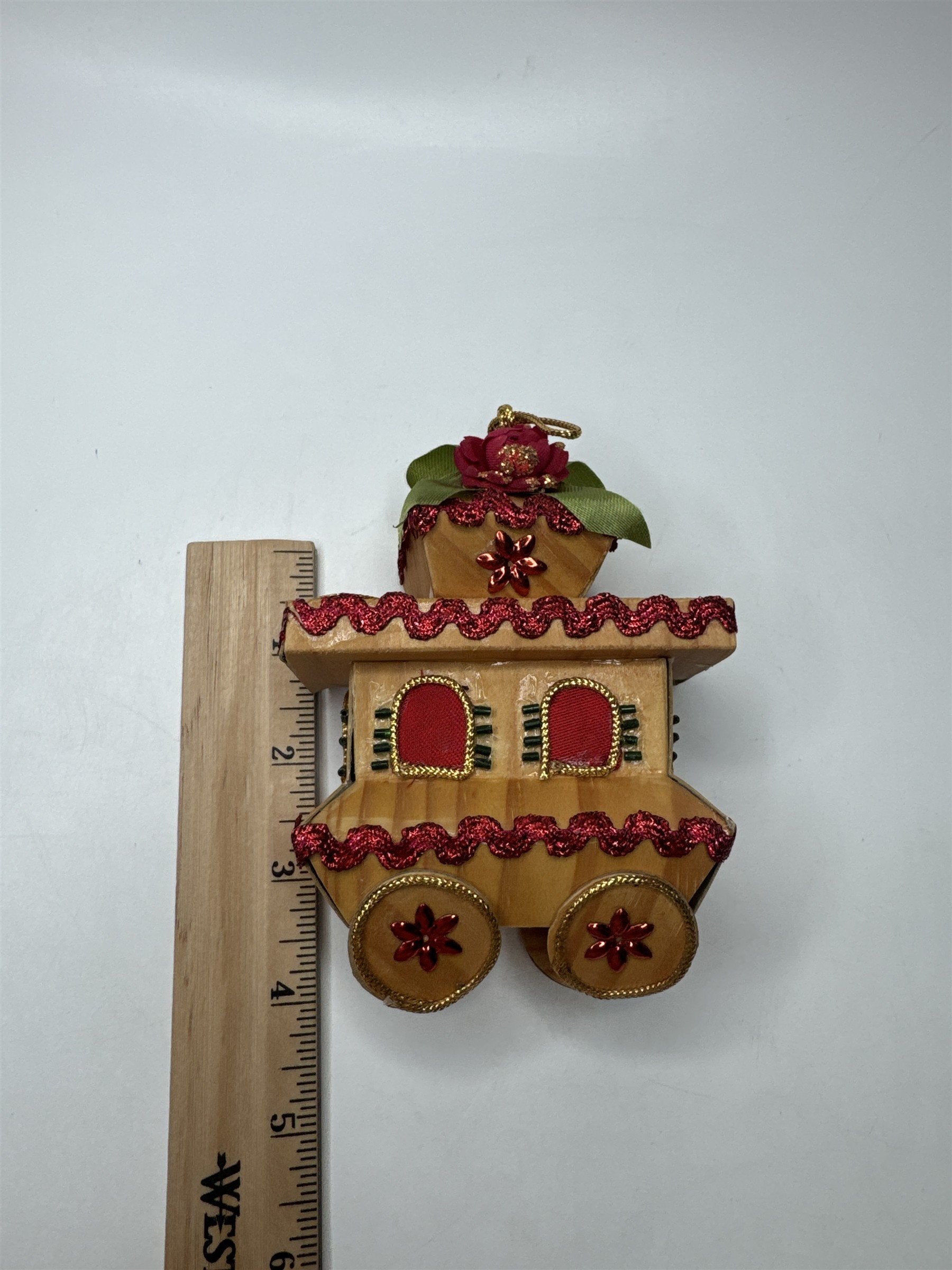 Vintage Paper Trolley Train Ornament Glitter Christmas Folk Art