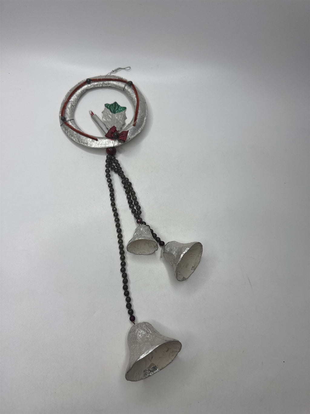 Vintage Foil Bells Wreath Hanger Bead Chain Silver Christmas Holiday Kitsch
