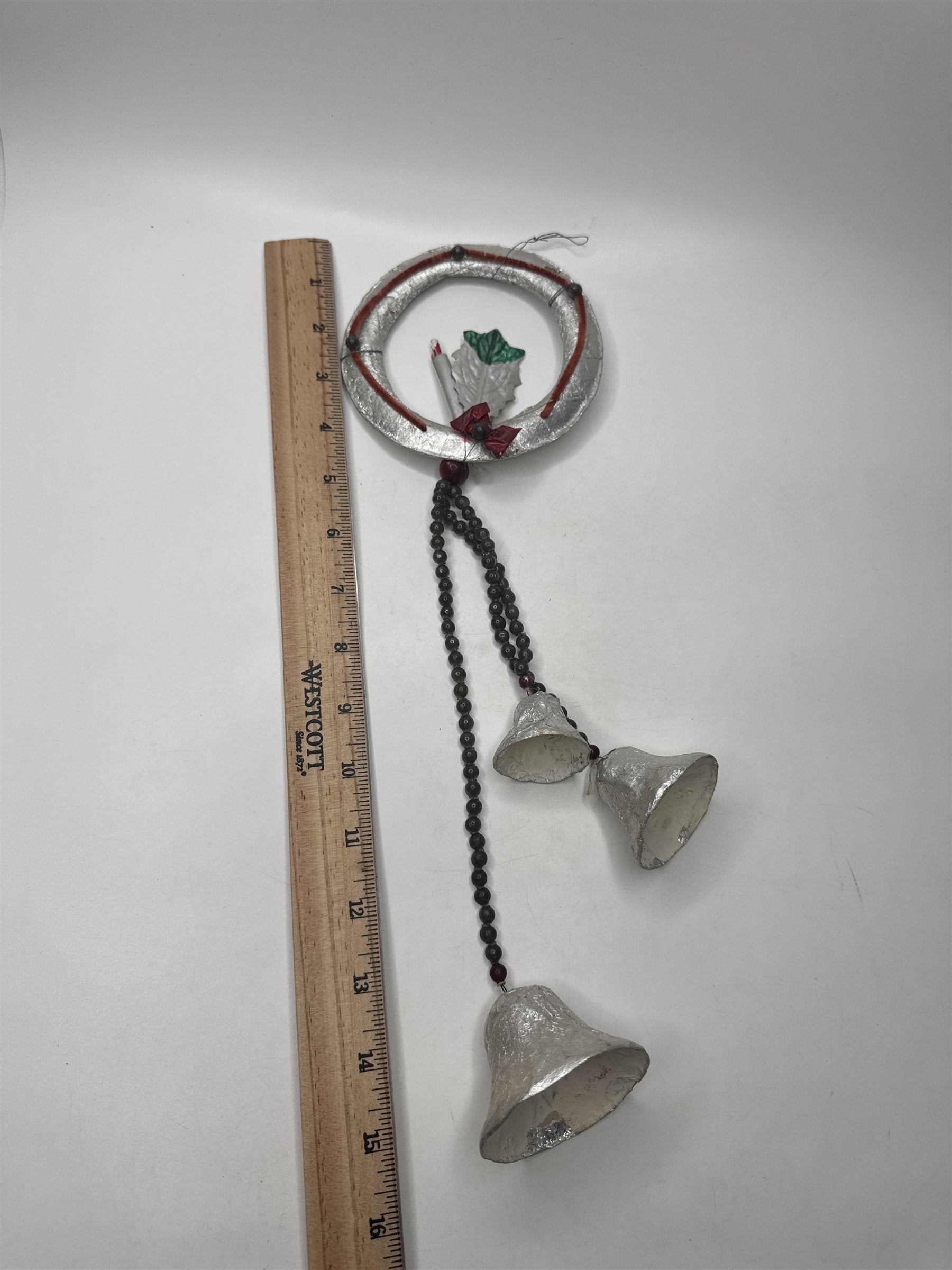 Vintage Foil Bells Wreath Hanger Bead Chain Silver Christmas Holiday Kitsch