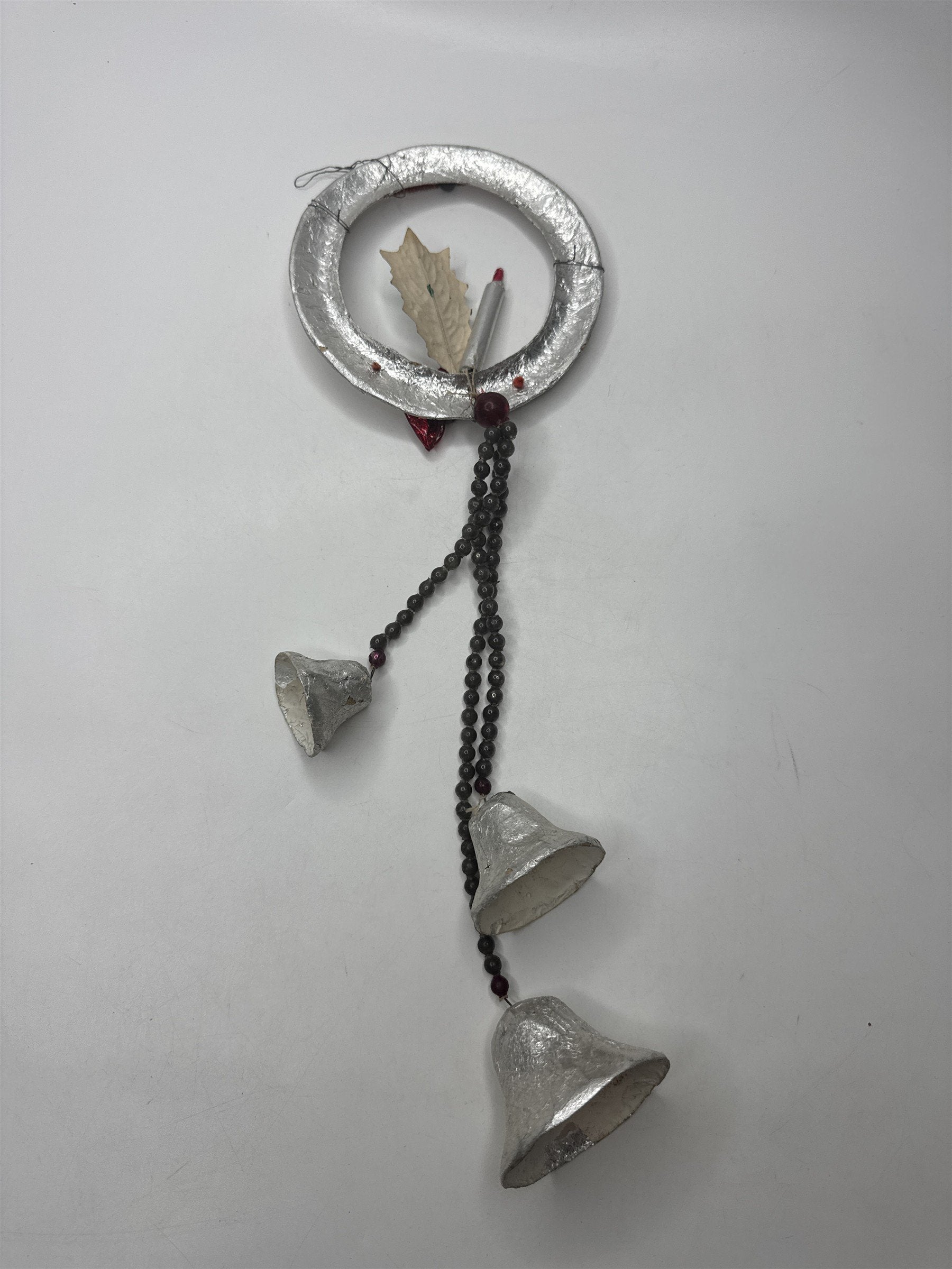 Vintage Foil Bells Wreath Hanger Bead Chain Silver Christmas Holiday Kitsch