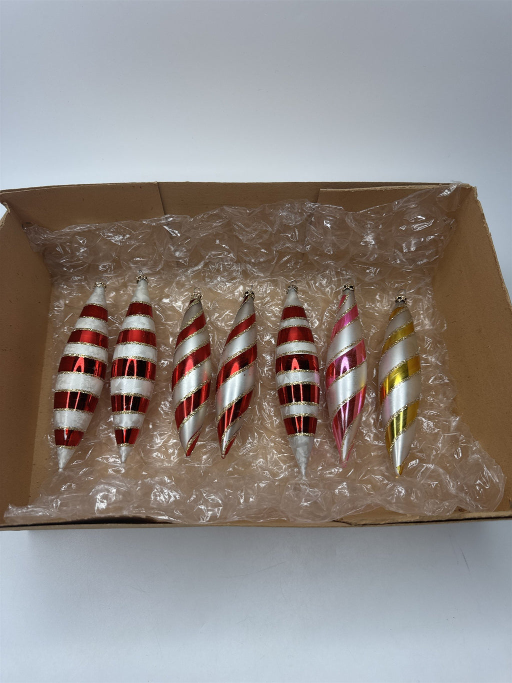Vintage Columbia Glass Set 7 Swirl Icicle Ornaments Candy Cane Stripe Christmas
