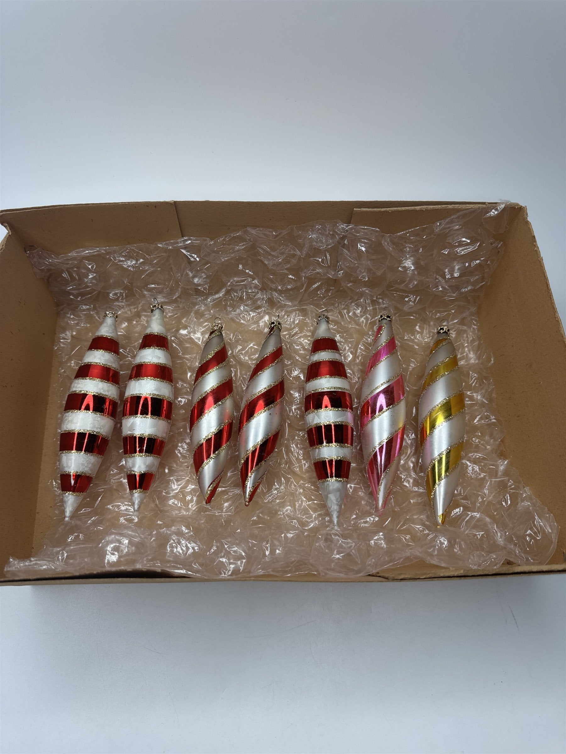 Vintage Columbia Glass Set 7 Swirl Icicle Ornaments Candy Cane Stripe Christmas