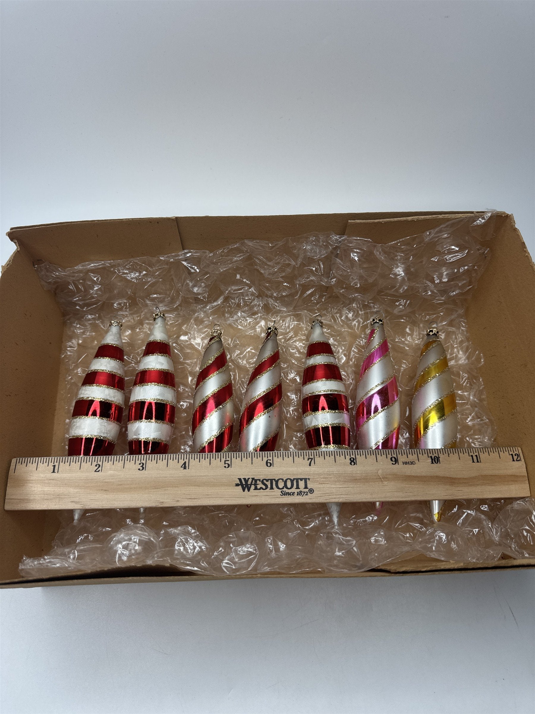 Vintage Columbia Glass Set 7 Swirl Icicle Ornaments Candy Cane Stripe Christmas