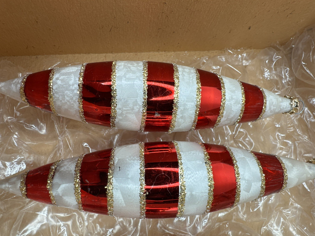 Vintage Columbia Glass Set 7 Swirl Icicle Ornaments Candy Cane Stripe Christmas