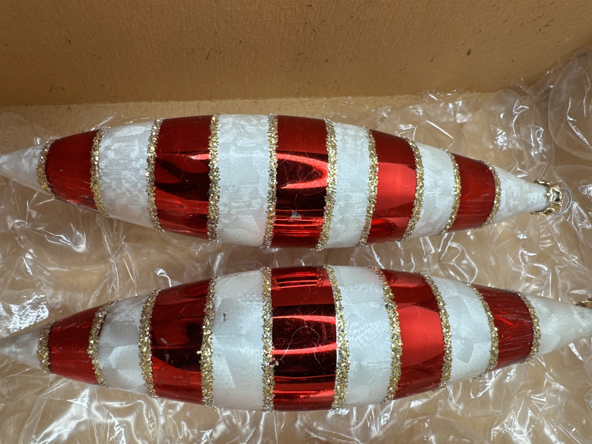 Vintage Columbia Glass Set 7 Swirl Icicle Ornaments Candy Cane Stripe Christmas