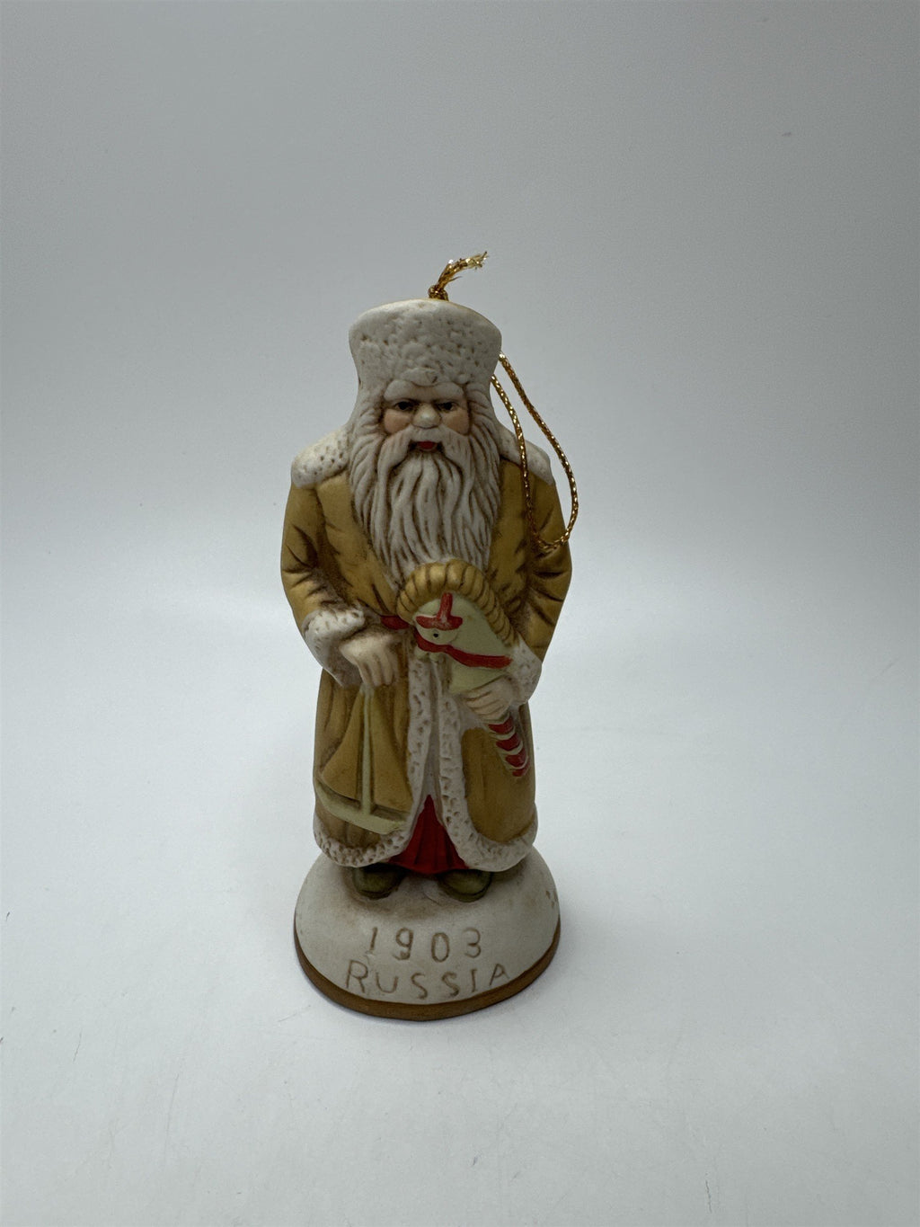 1903 Russia Father Christmas Figurine Ornament Porcelain Yellow Coat Vintage