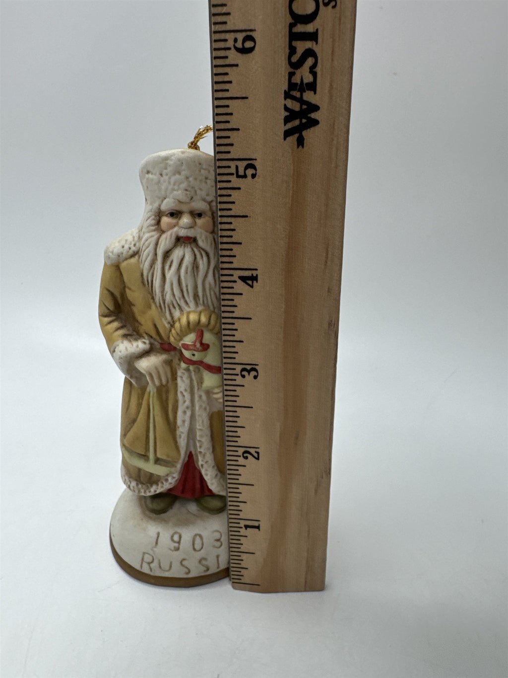1903 Russia Father Christmas Figurine Ornament Porcelain Yellow Coat Vintage