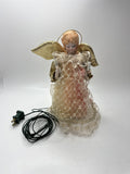 Vintage Lighted Angel Tree Topper Porcelain Head Fabric Lace Dress Gold Wings