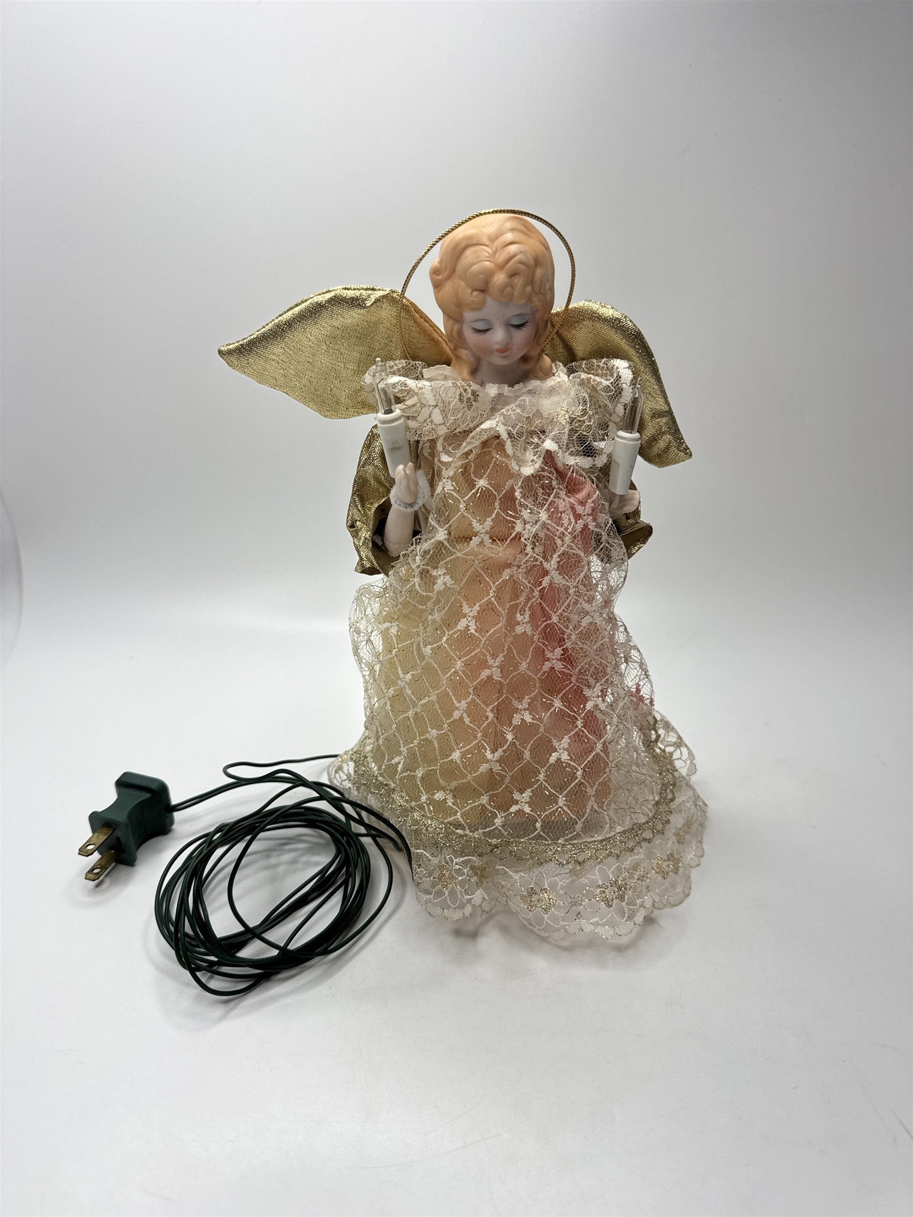 Vintage Lighted Angel Tree Topper Porcelain Head Fabric Lace Dress Gold Wings