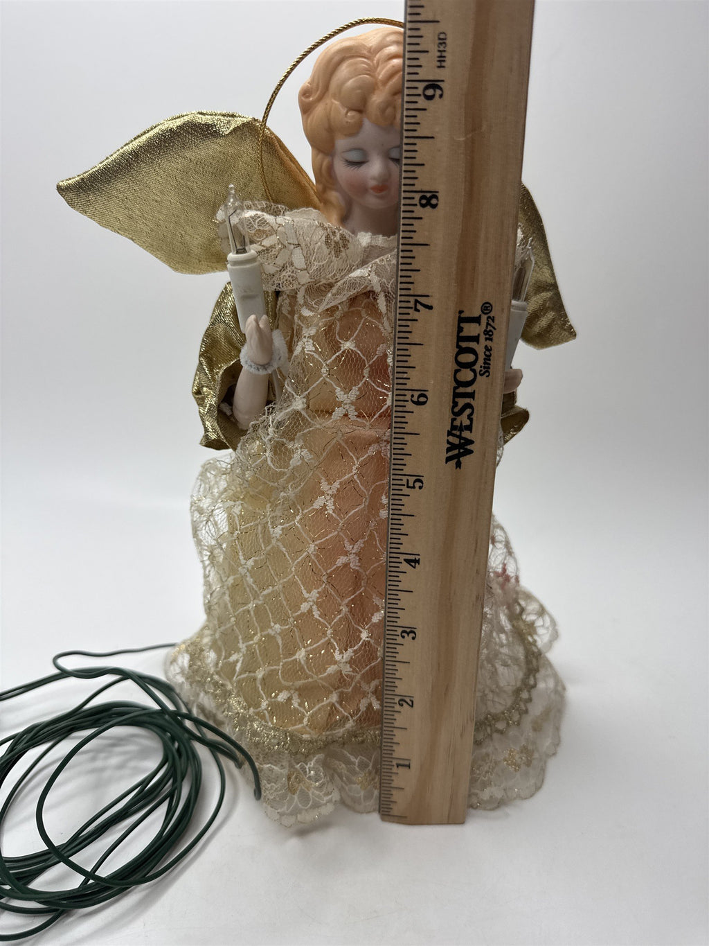 Vintage Lighted Angel Tree Topper Porcelain Head Fabric Lace Dress Gold Wings