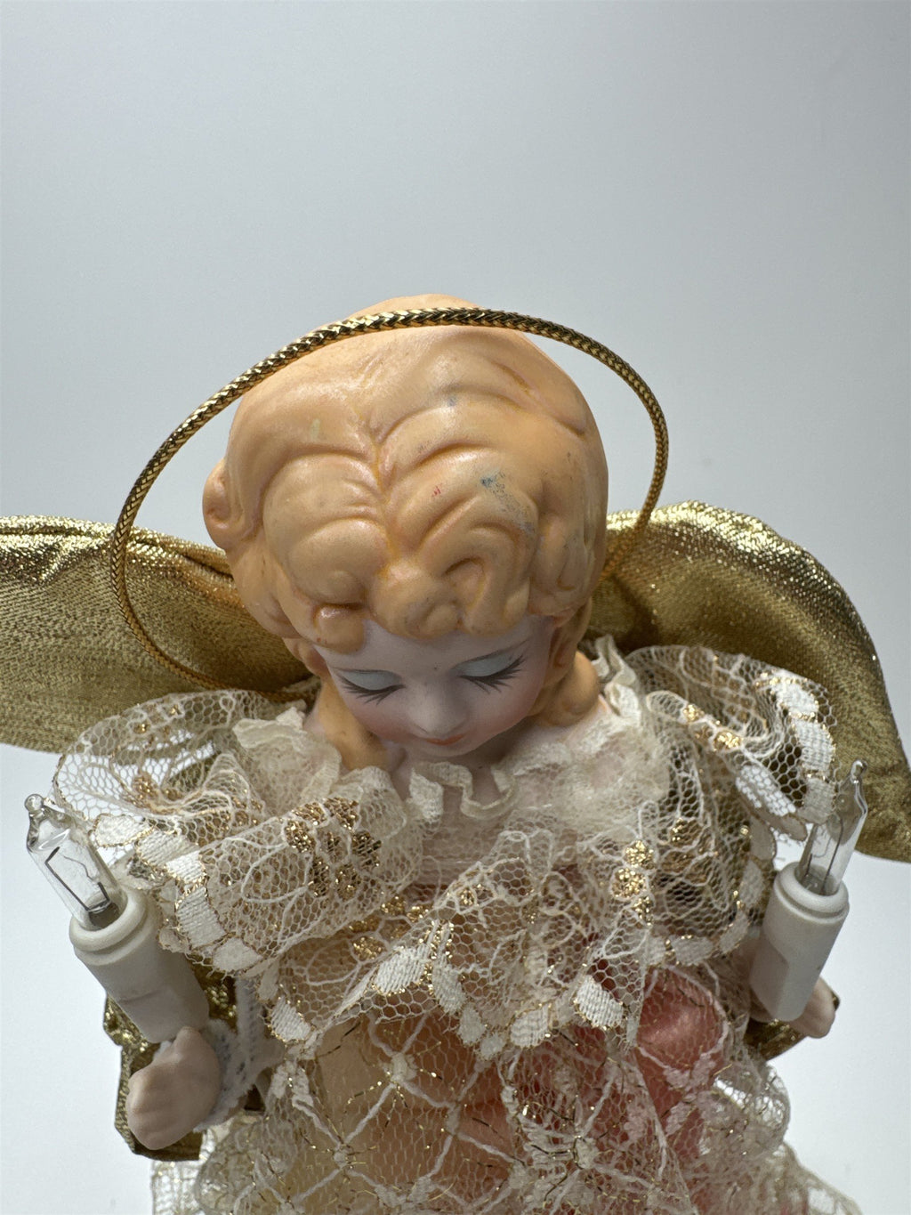 Vintage Lighted Angel Tree Topper Porcelain Head Fabric Lace Dress Gold Wings