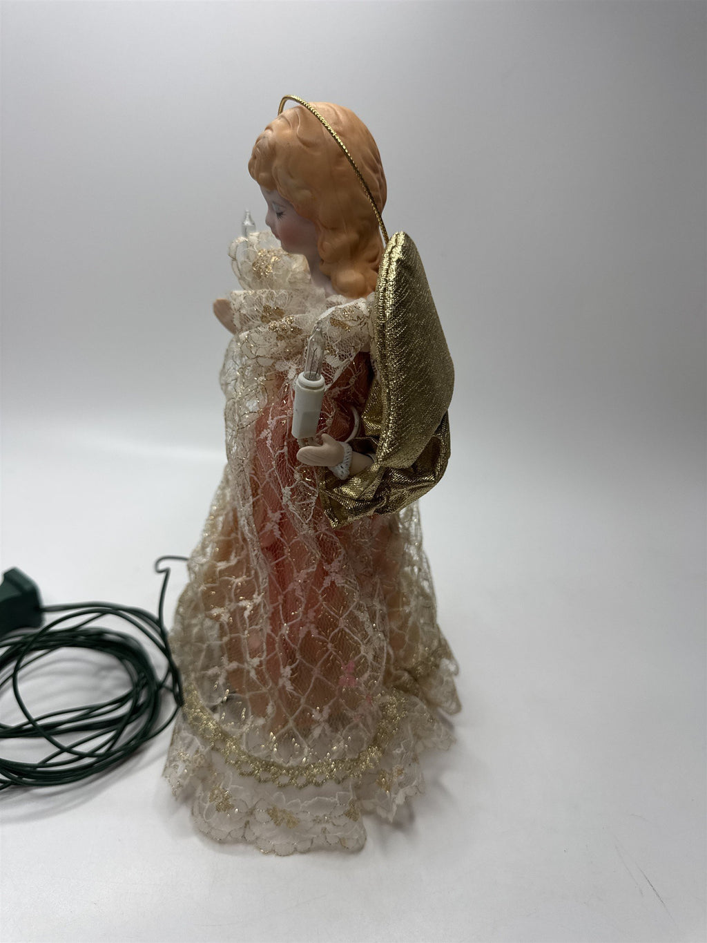 Vintage Lighted Angel Tree Topper Porcelain Head Fabric Lace Dress Gold Wings