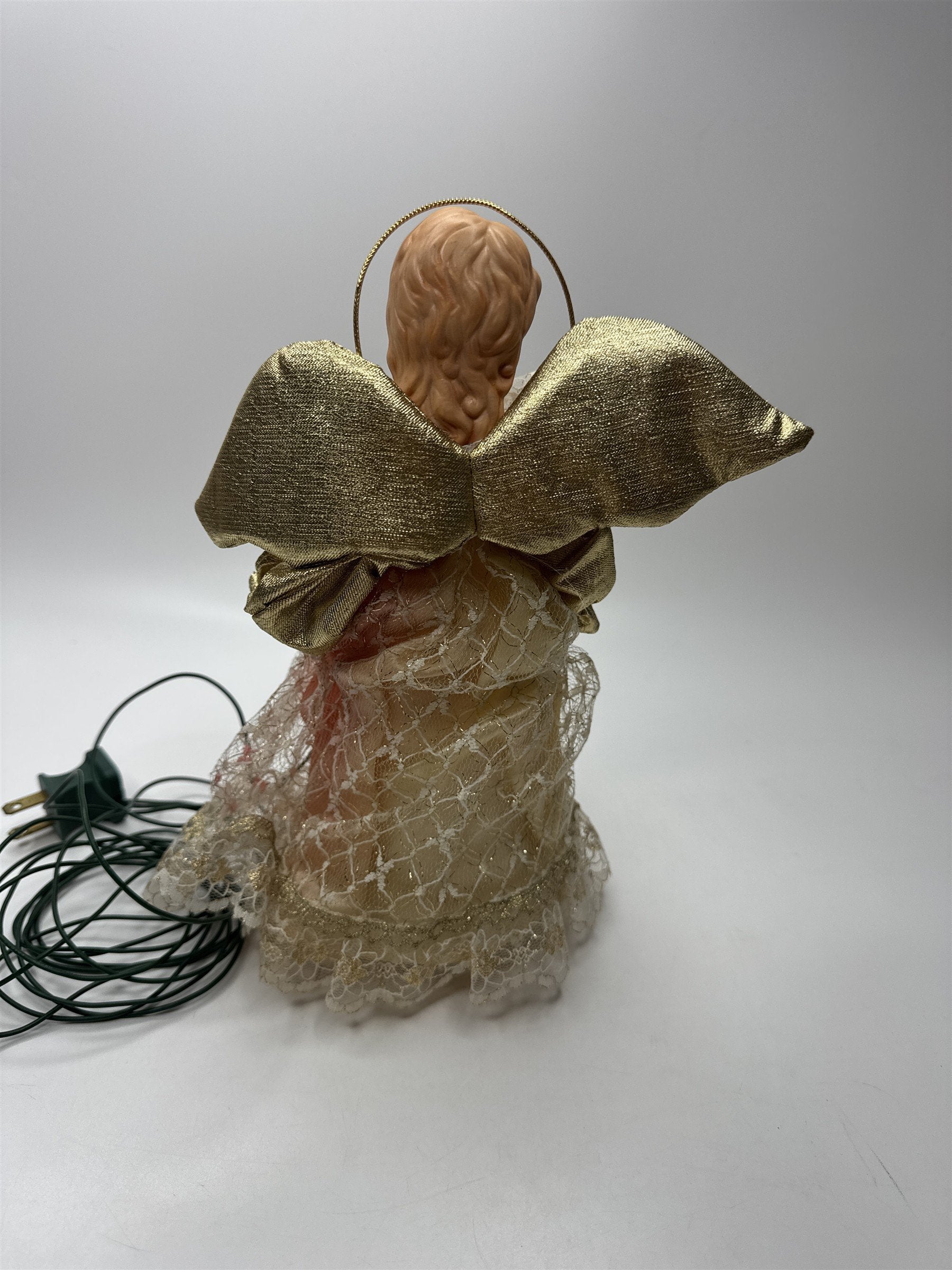 Vintage Lighted Angel Tree Topper Porcelain Head Fabric Lace Dress Gold Wings