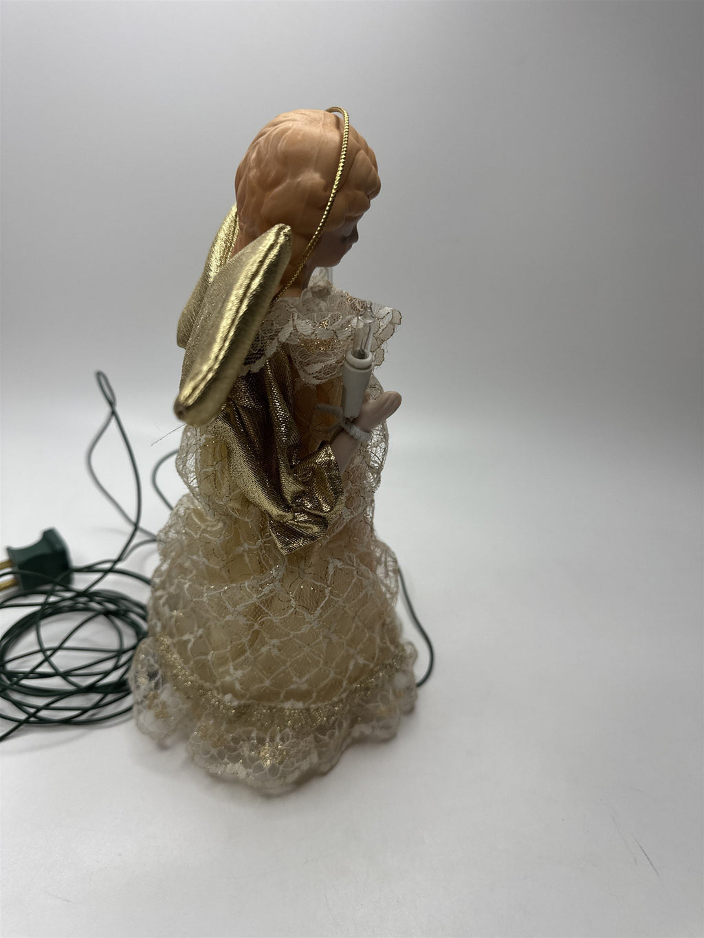 Vintage Lighted Angel Tree Topper Porcelain Head Fabric Lace Dress Gold Wings