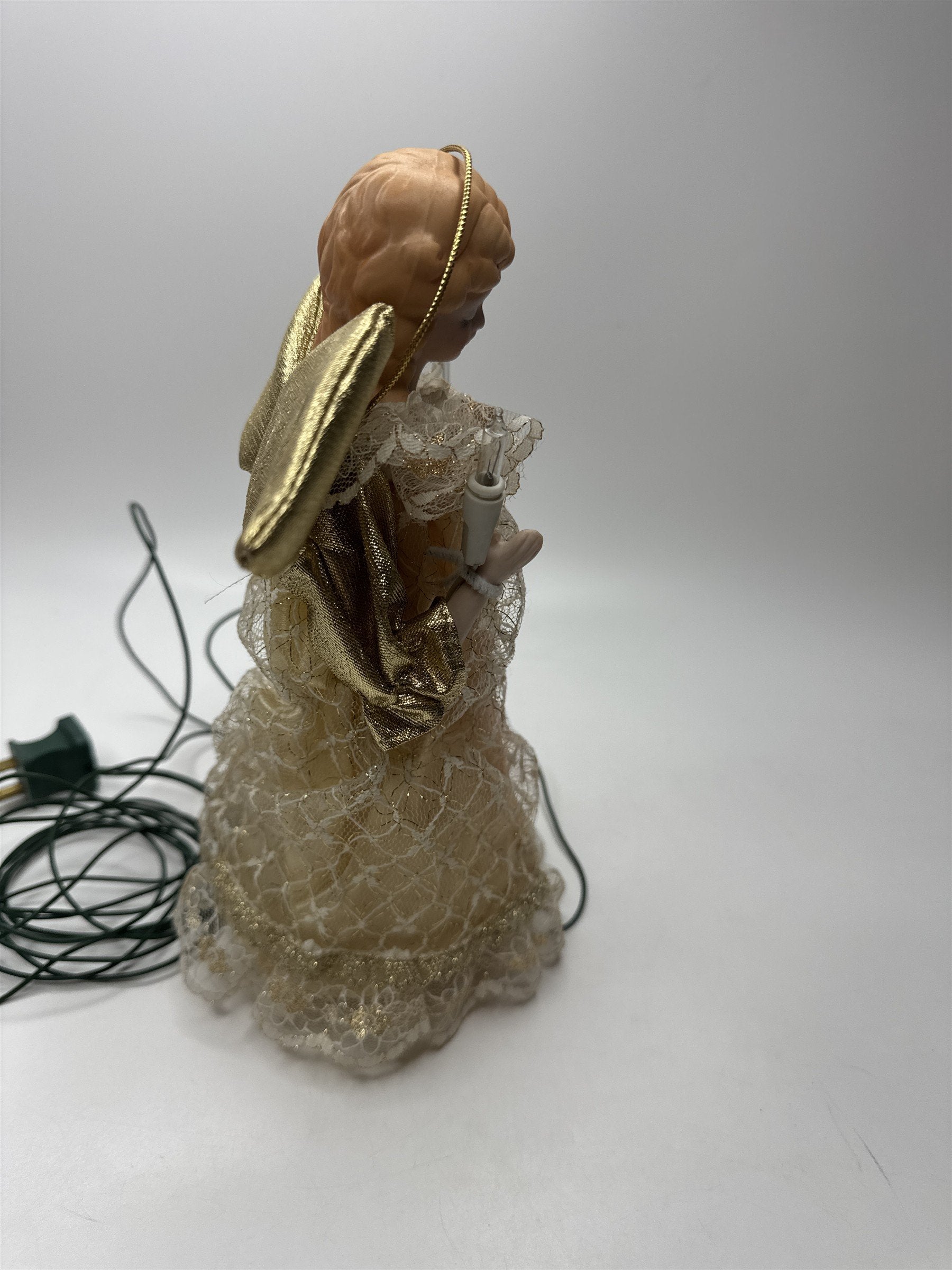 Vintage Lighted Angel Tree Topper Porcelain Head Fabric Lace Dress Gold Wings