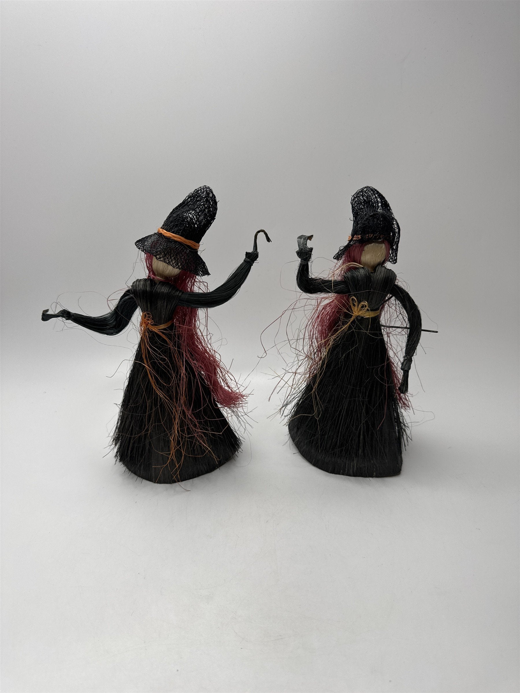 Set of 2 Vintage Raffia Witch Figurines Halloween Decor Black Orange Red Hair