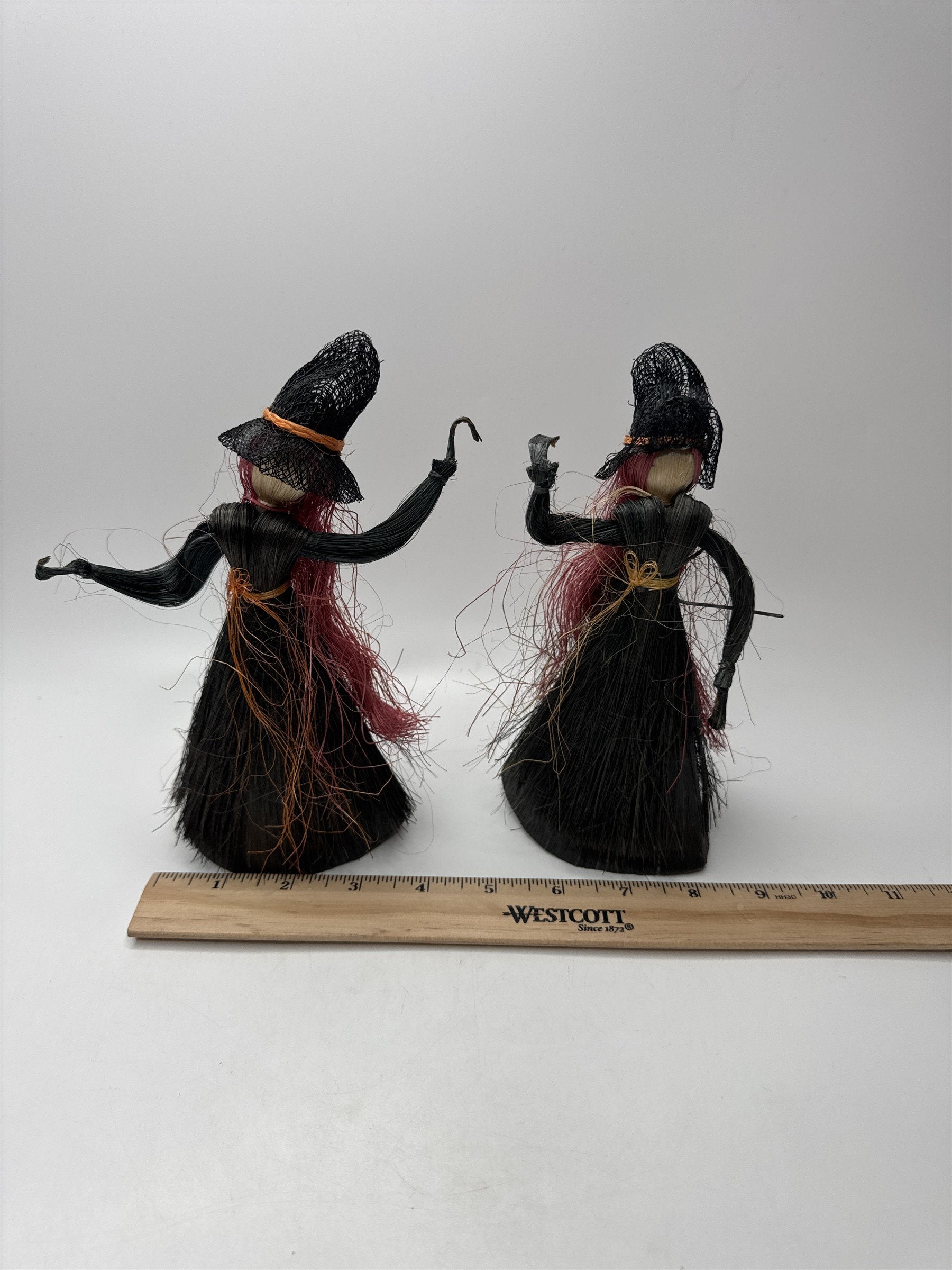 Set of 2 Vintage Raffia Witch Figurines Halloween Decor Black Orange Red Hair