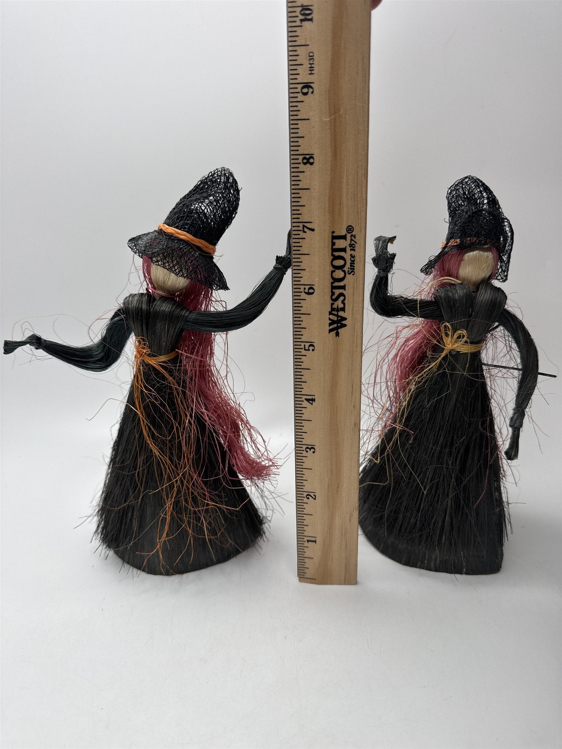 Set of 2 Vintage Raffia Witch Figurines Halloween Decor Black Orange Red Hair