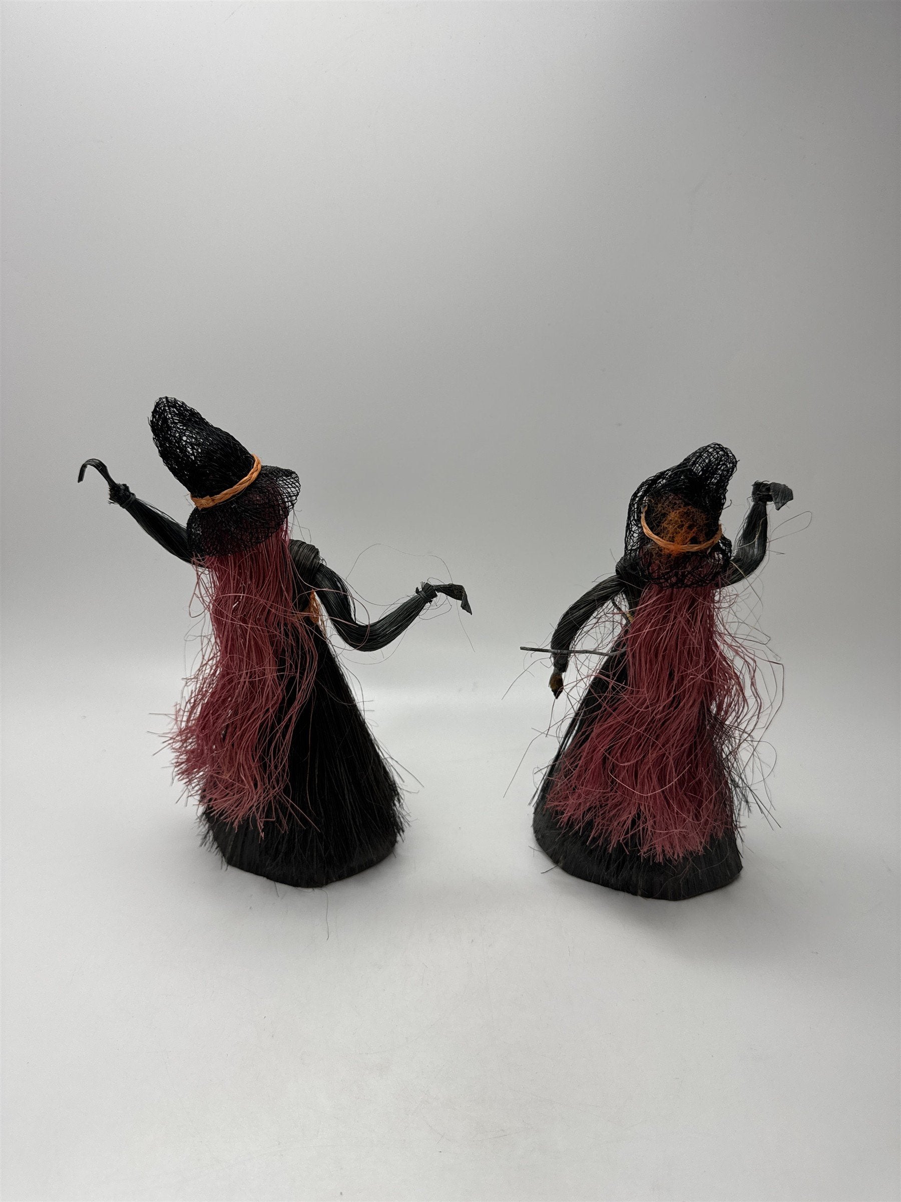 Set of 2 Vintage Raffia Witch Figurines Halloween Decor Black Orange Red Hair