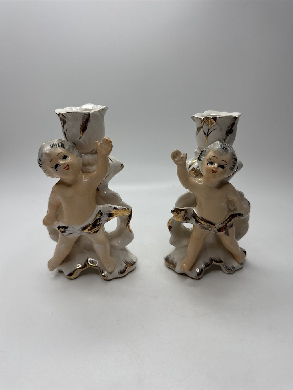 Pair Vintage Cherub Candlestick Holders Figurine Ceramic Gold Trim Rose Japan